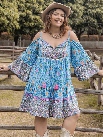 Plus Size Printed Long Sleeve Mini Dress - SwagglyLife Home & Fashion