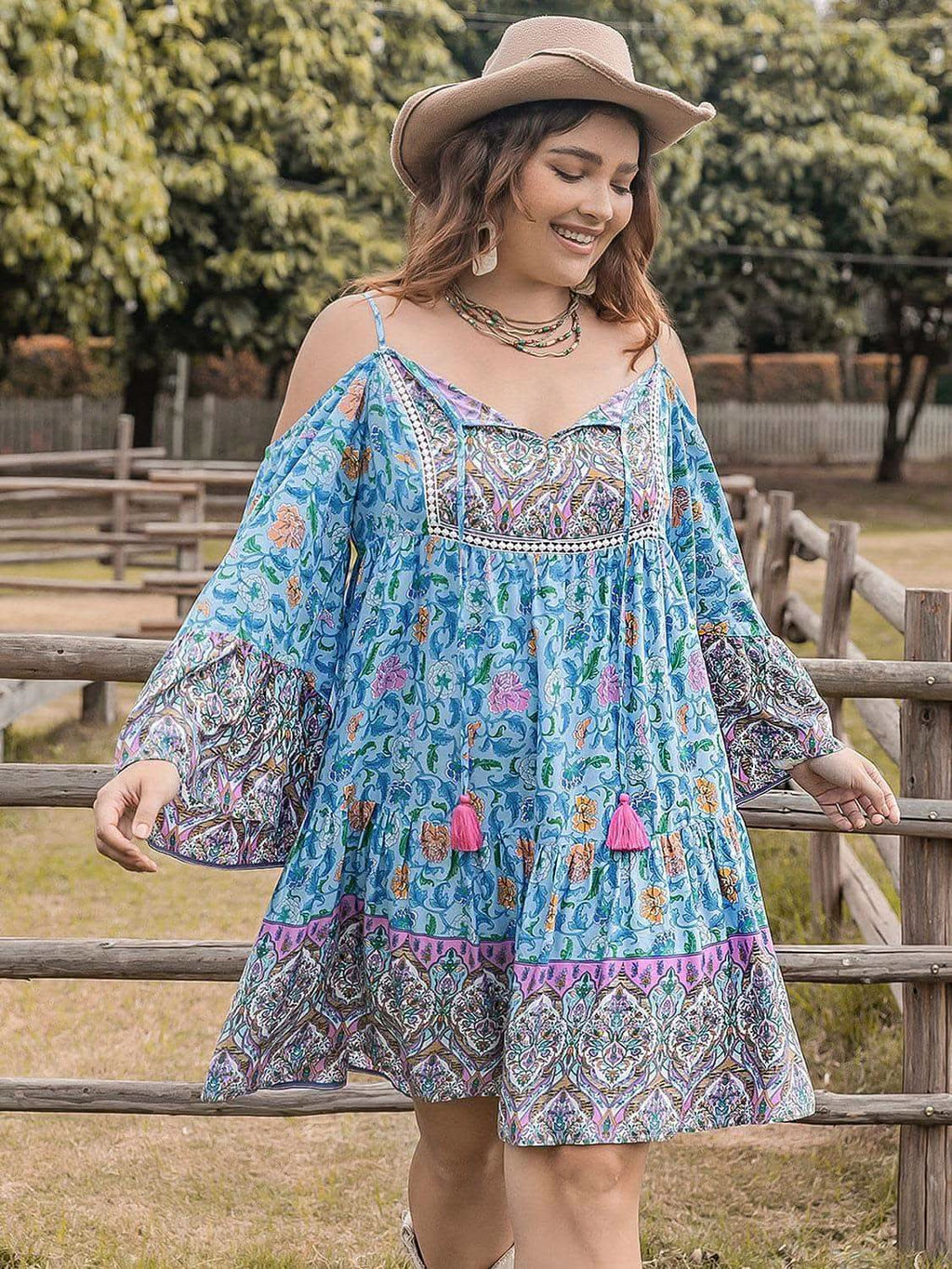 Plus Size Printed Long Sleeve Mini Dress - SwagglyLife Home & Fashion
