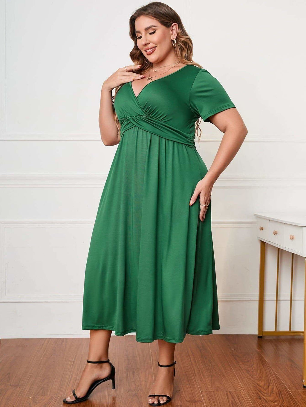 Plus Size Short Sleeve Surplice Neck Midi Dress - SwagglyLife Home & Fashion