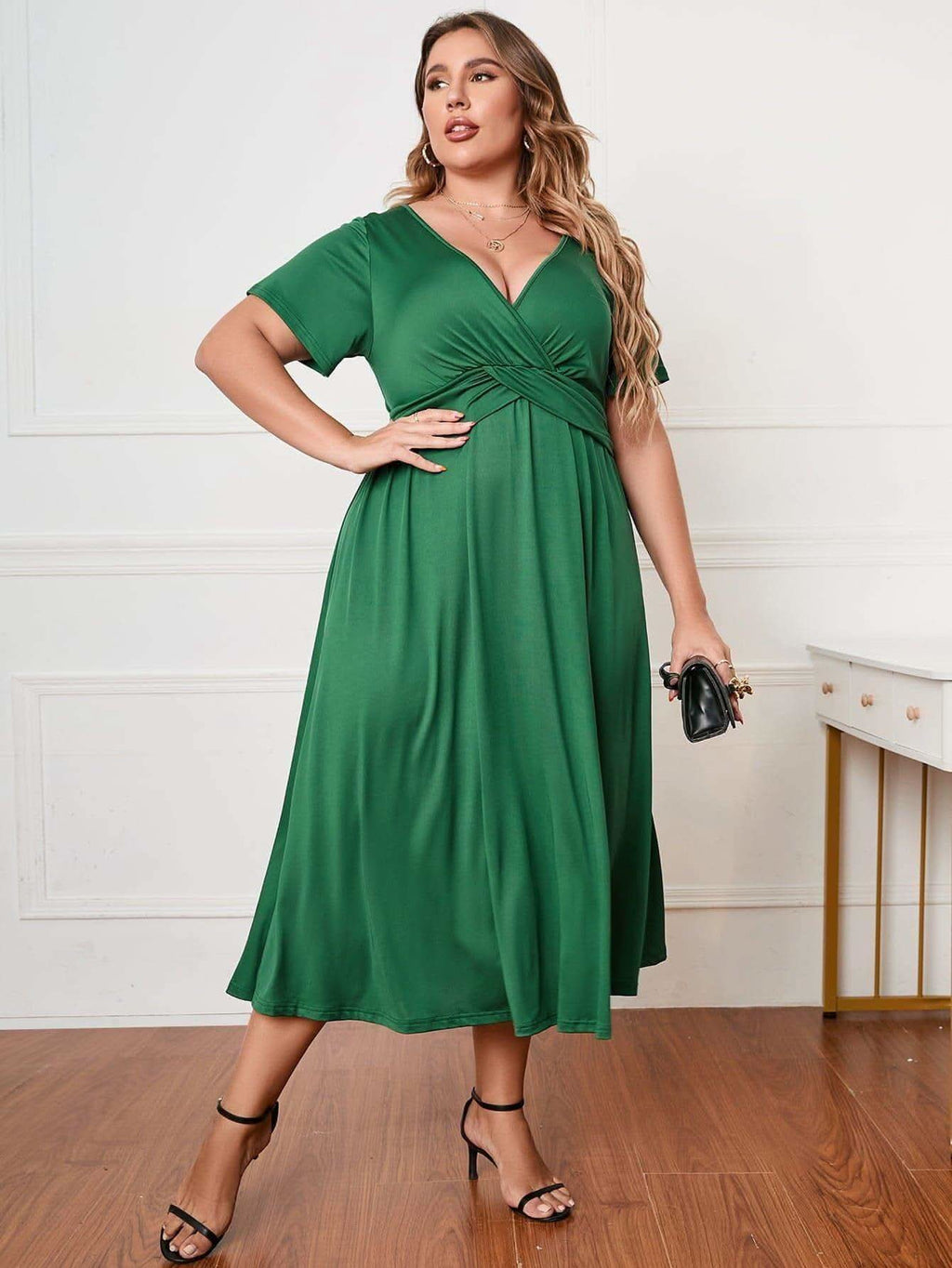 Plus Size Short Sleeve Surplice Neck Midi Dress - SwagglyLife Home & Fashion