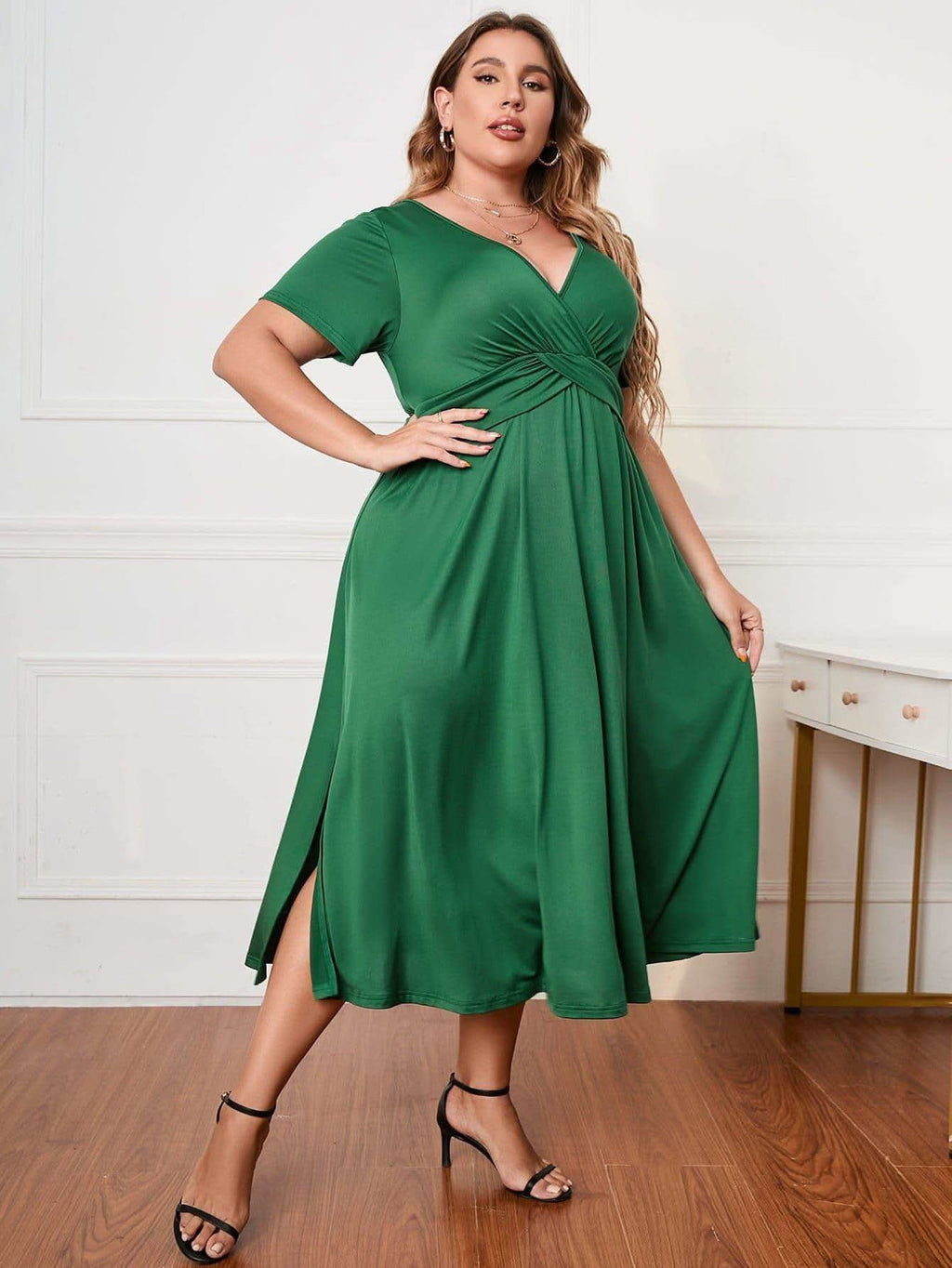 Plus Size Short Sleeve Surplice Neck Midi Dress - SwagglyLife Home & Fashion