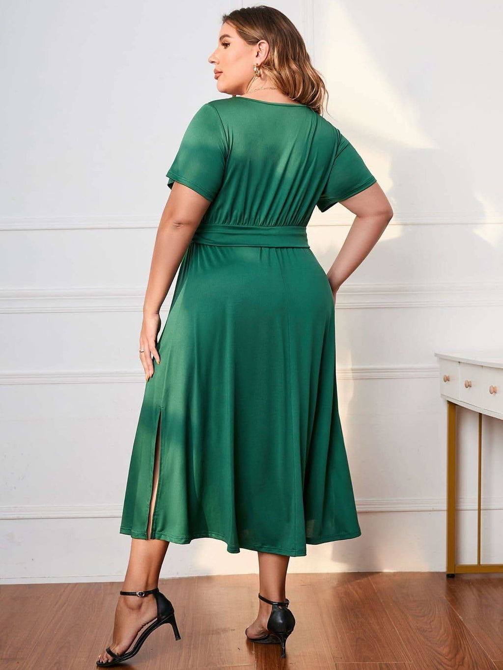 Plus Size Short Sleeve Surplice Neck Midi Dress - SwagglyLife Home & Fashion