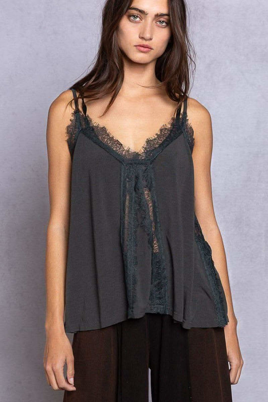 POL Lace Detail V-Neck Cami in Charcoal - Shirts & Tops photo