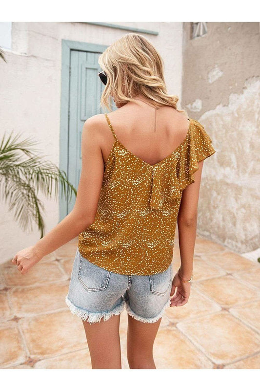 Polka Dot Ruffle Trim Asymmetrical Tank Top, Honey in - Shirts & Tops photo
