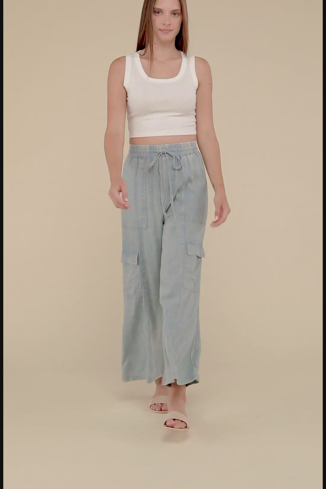 ZENANA Washed Linen Elastic Band Waist Cargo Pants