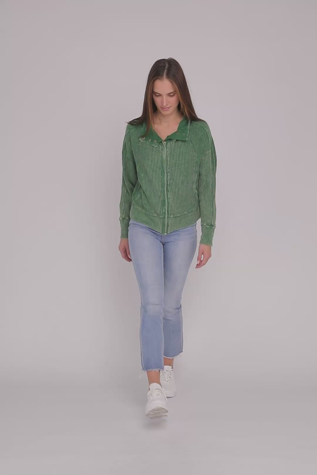 ZENANA Acid Wash Cotton Waffle Hooded Zip-Up Jacket