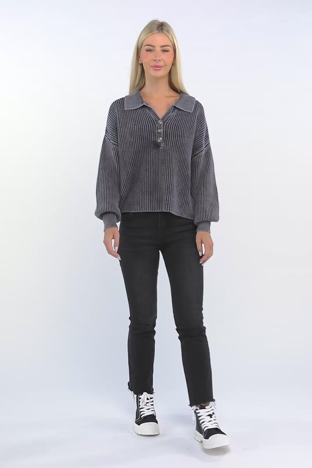 Zenana Washed Collared Henley Sweater