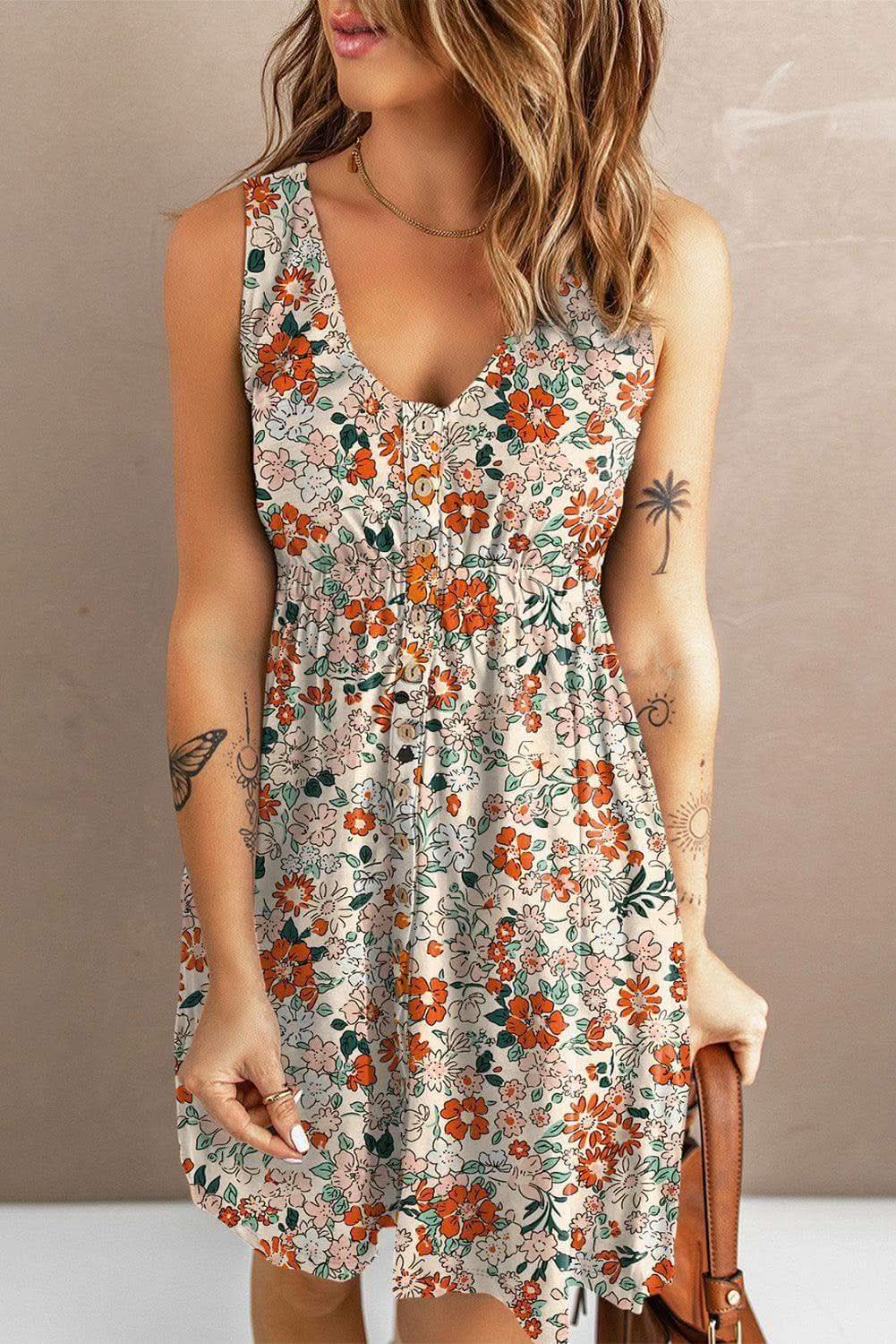 Printed Button Down Sleeveless Magic Dress, Multiple Colors - Flower A