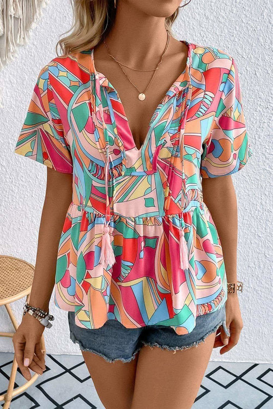 Printed Tie Neck Short Sleeve Blouse in Multicolor - Shirts & Tops photo