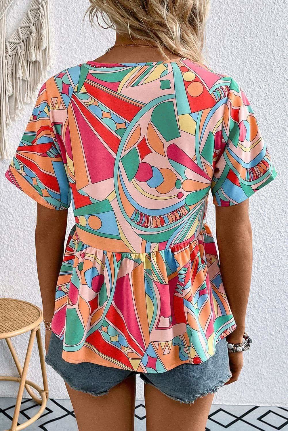 Printed Tie Neck Short Sleeve Blouse - SwagglyLife Home & Fashion