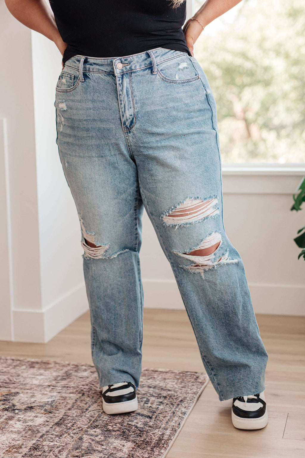 Ramona High Rise Rigid Magic Destroyed Straight Jeans - SwagglyLife Home & Fashion