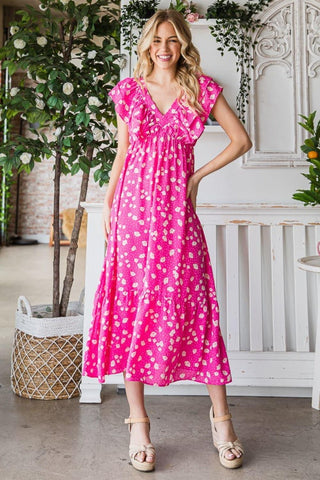 Reborn J Printed V-Neck Ruffle Trim Tiered Midi Dress - SwagglyLife Home & Fashion