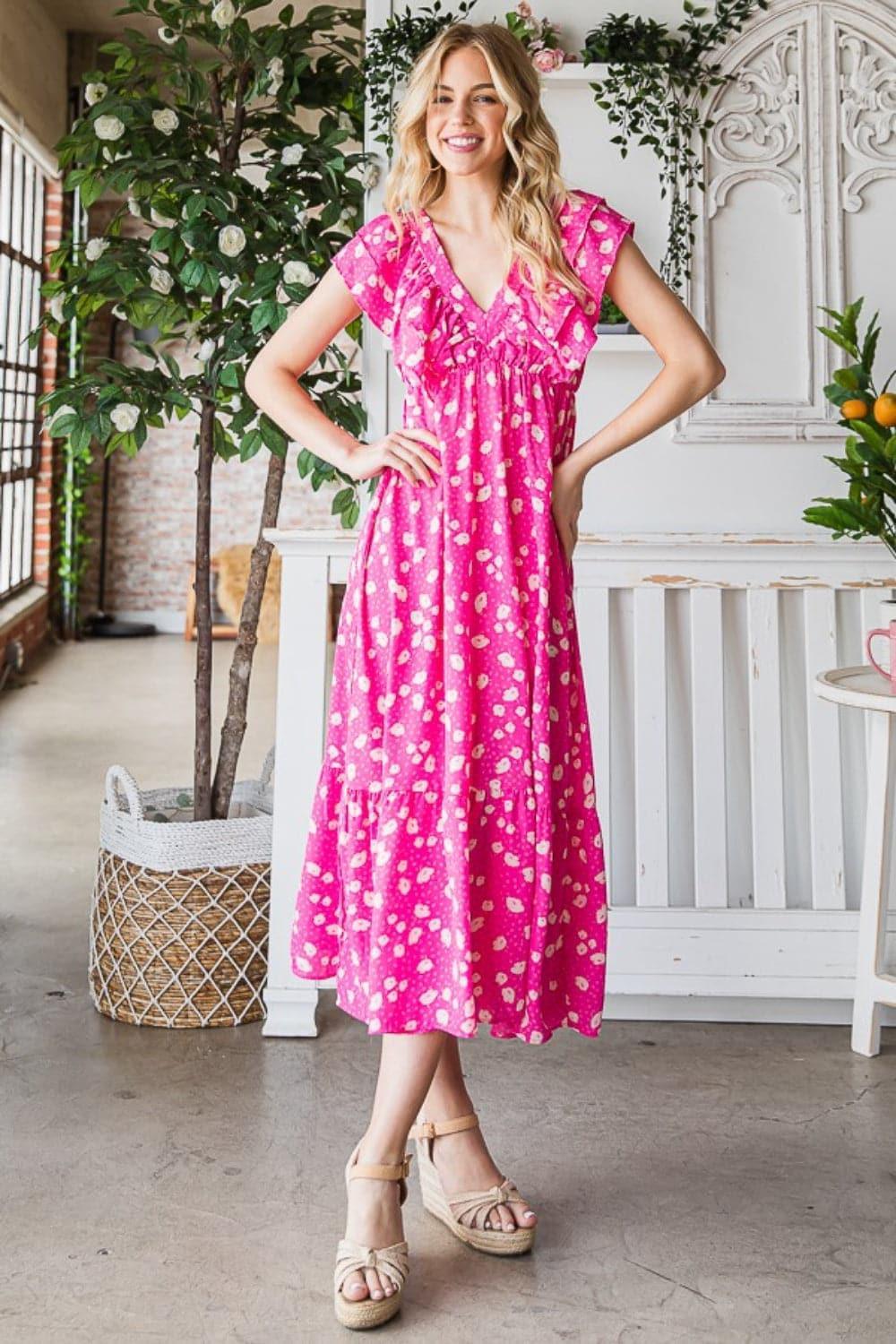 Reborn J Printed V-Neck Ruffle Trim Tiered Midi Dress - SwagglyLife Home & Fashion