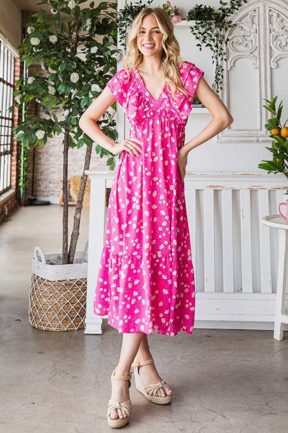 Reborn J Printed V-Neck Ruffle Trim Tiered Midi Dress - SwagglyLife Home & Fashion