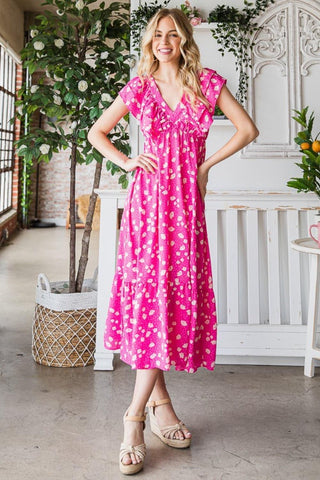 Reborn J Printed V-Neck Ruffle Trim Tiered Midi Dress - SwagglyLife Home & Fashion