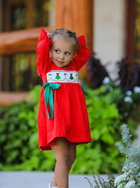 Christmas Smocked Dress with Green Bow and Tree Embroidery -