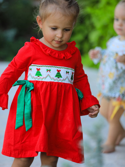 Christmas Smocked Dress with Green Bow and Tree Embroidery -