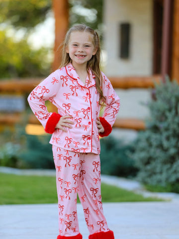 Bow Girls Pajama Set with Furry Trim -