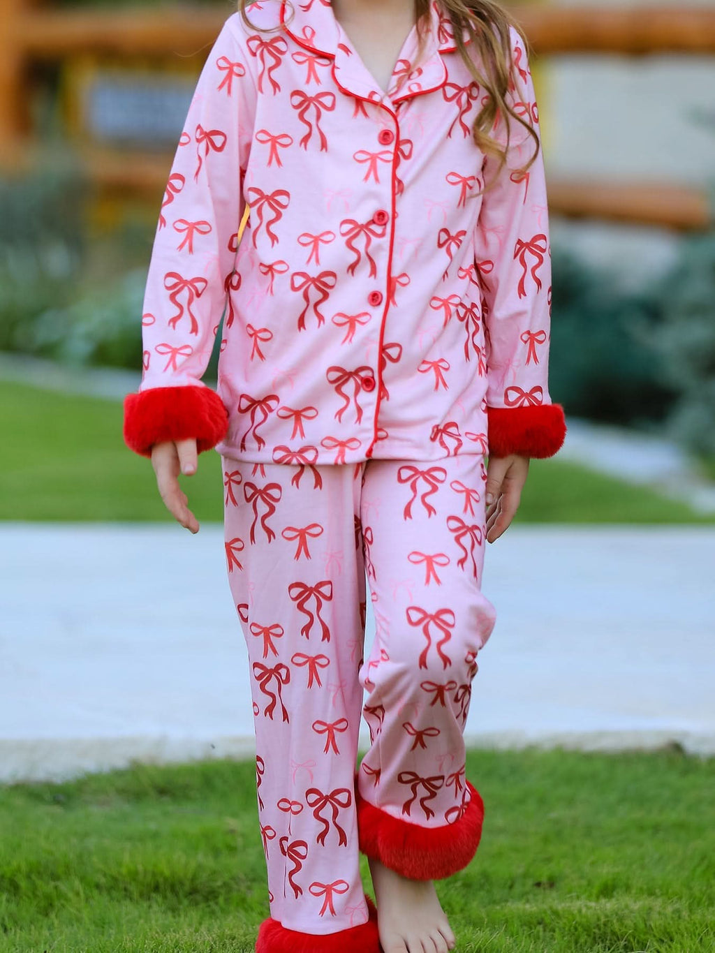 Bow Girls Pajama Set with Furry Trim -