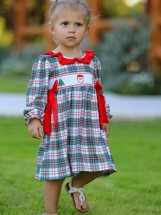 Christmas Embroidery Smocking Bow Plaid Girls Dress -