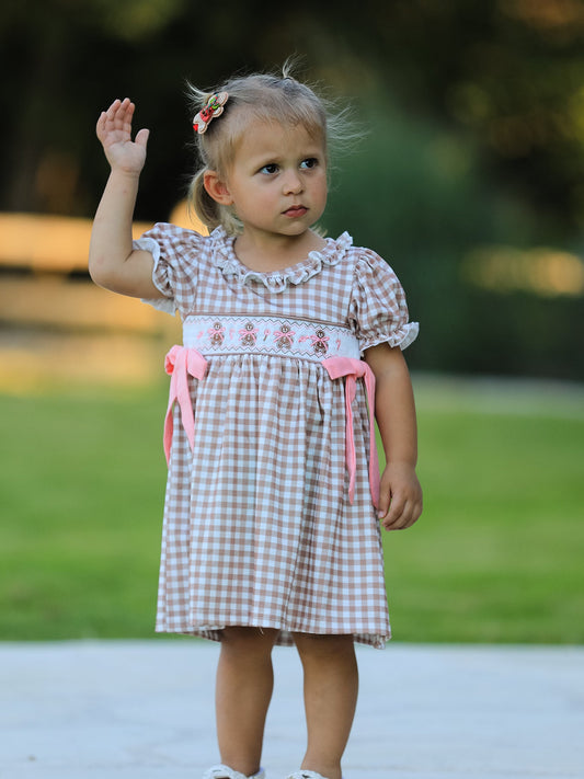 Christmas Vintage-Style Plaid Dress with Embroidered Gingerbread and Bows -