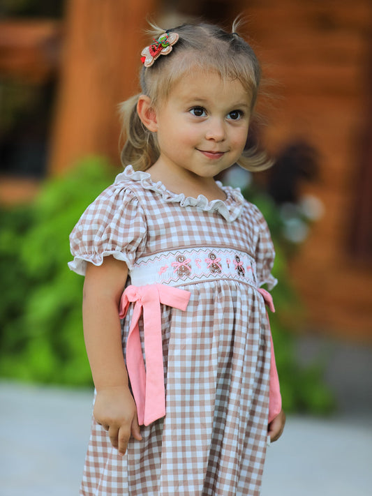 Christmas Vintage-Style Plaid Dress with Embroidered Gingerbread and Bows -