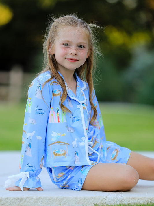 Blue Christmas Nativity Pattern Girls Pajamas Set -