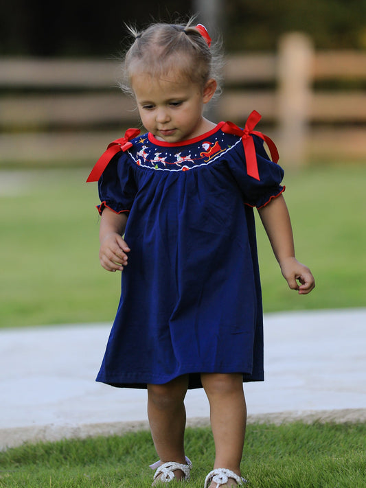 Christmas Holiday Celebration Dress: Navy with Santa Sleigh -