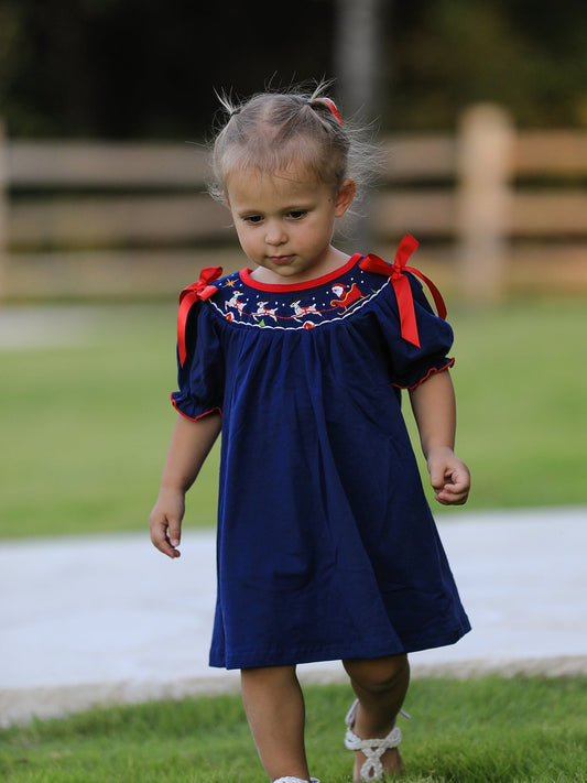Christmas Holiday Celebration Dress: Navy with Santa Sleigh -
