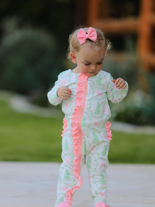 Christmas Tree Wreath Print Long Sleeve Zip Baby Girls Romper -