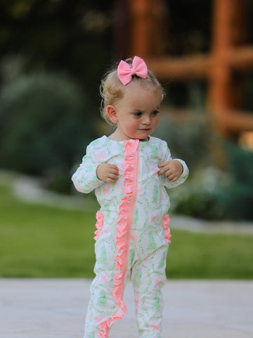 Christmas Tree Wreath Print Long Sleeve Zip Baby Girls Romper