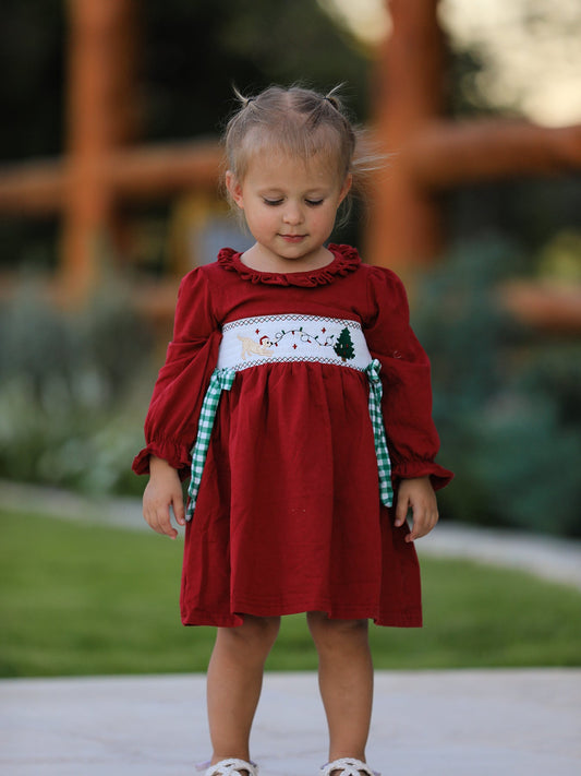 Christmas Smocking Embroidered Girls Dress with Green Plaid Bow -