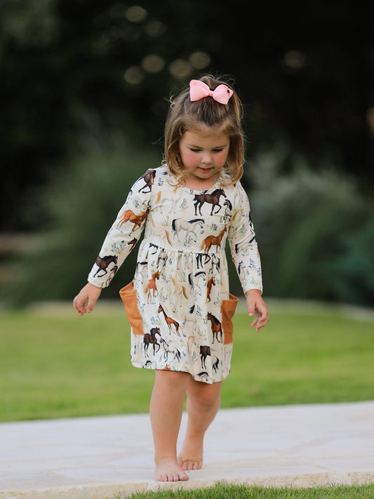 Western Horse Print Long Sleeve Dress -