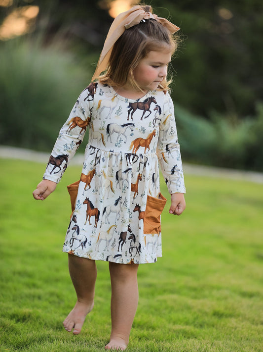 Western Horse Print Long Sleeve Dress -