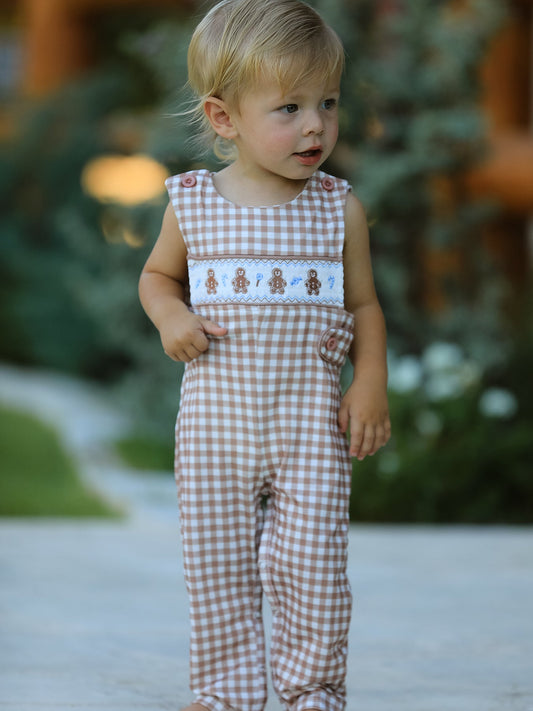 Christmas Vintage-Style Plaid Embroidered Gingerbread and Bows Boy Romper -