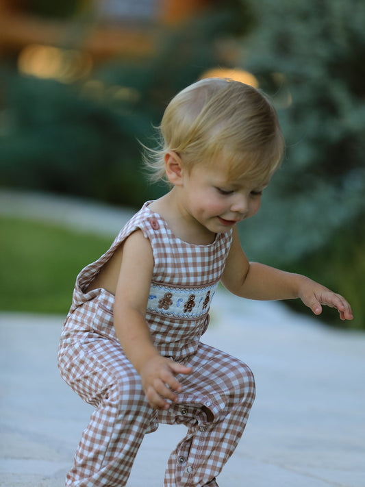 Christmas Vintage-Style Plaid Embroidered Gingerbread and Bows Boy Romper -
