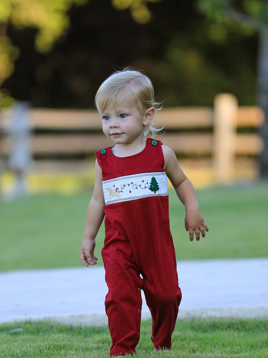Christmas Tree Dog Smocking Embroidered Baby Boys Romper -
