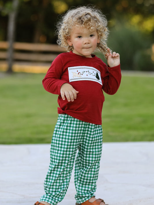 Christmas Tree Dog Smocking Embroidered Plaid Boys Set -