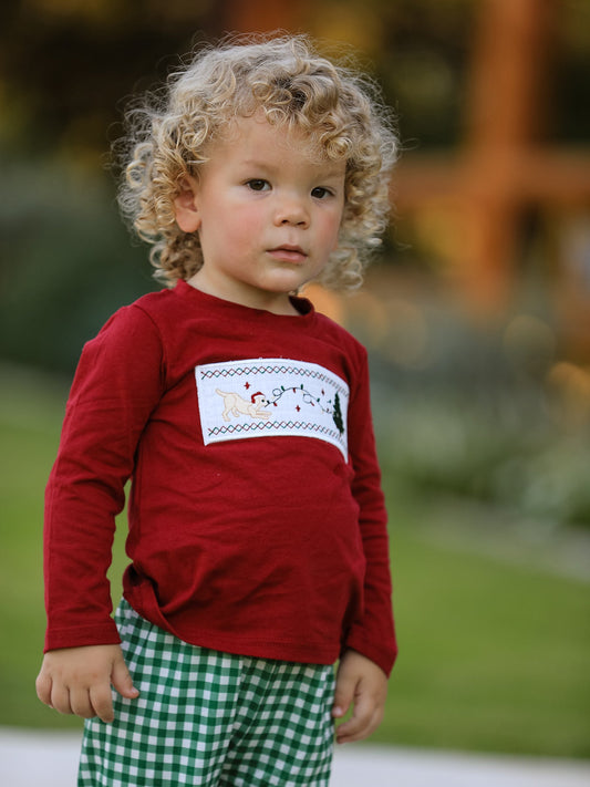 Christmas Tree Dog Smocking Embroidered Plaid Boys Set -