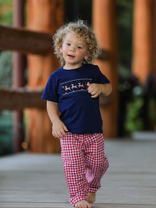 Christmas Holiday Celebration Boys Set: Navy with Santa Sleigh -