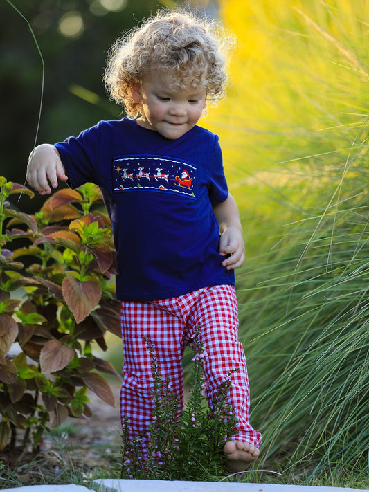 Christmas Holiday Celebration Boys Set: Navy with Santa Sleigh -