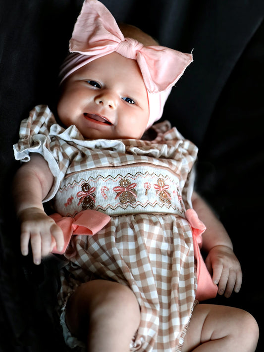 Christmas Vintage-Style Plaid Embroidered Gingerbread and Bows Girls Romper -