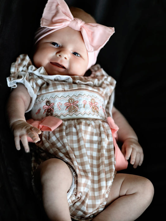 Christmas Vintage-Style Plaid Embroidered Gingerbread and Bows Girls Romper -