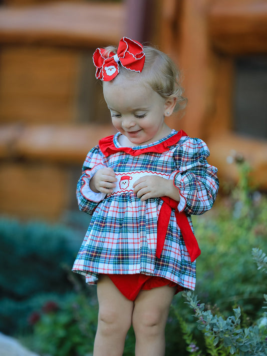 Christmas Plaid Smocking Embroidered Girls Bloomers Romper Set -
