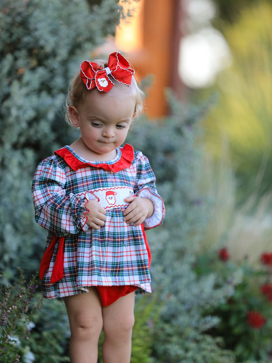 Christmas Plaid Smocking Embroidered Girls Bloomers Romper Set -