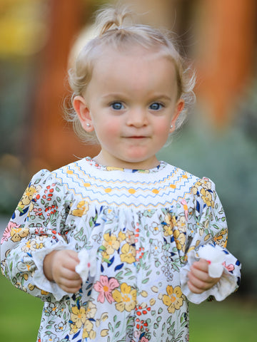 Fall  Embroidery Smocking Bow Floral Leaf Baby Girls Romper