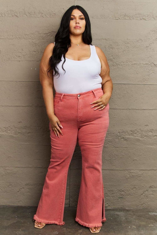 RISEN Bailey Full Size High Waist Side Slit Flare Jeans - Coral