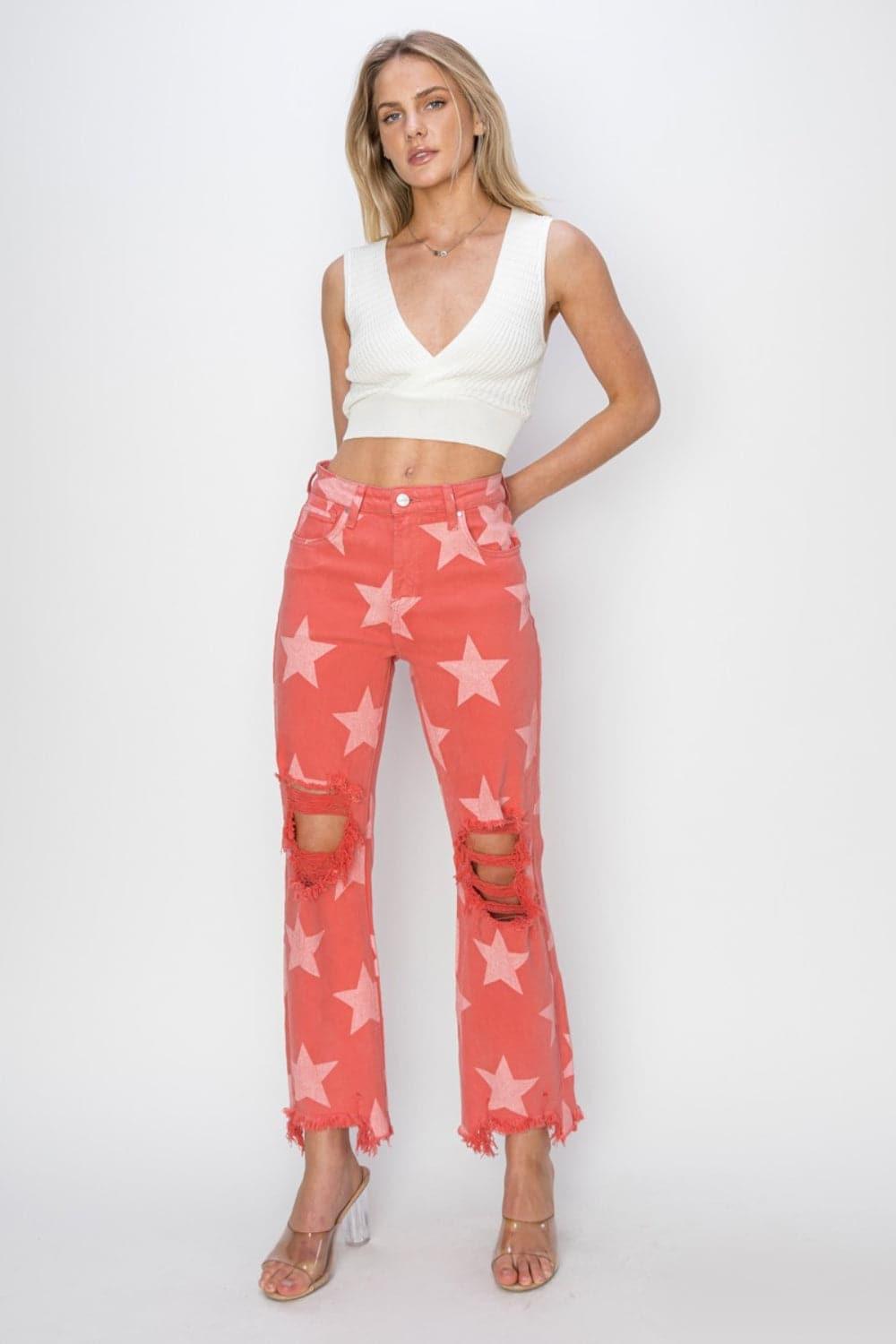 RISEN Full Size Distressed Raw Hem Star Pattern Jeans - SwagglyLife Home & Fashion