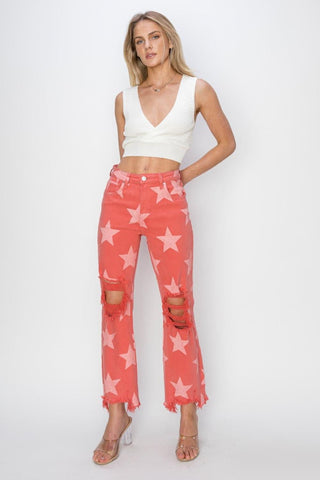 RISEN Full Size Distressed Raw Hem Star Pattern Jeans - SwagglyLife Home & Fashion