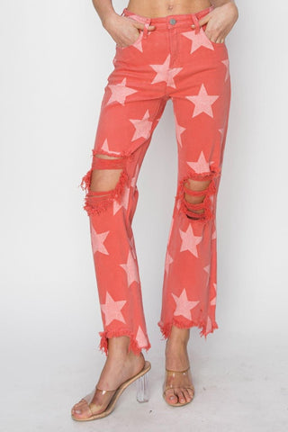 RISEN Full Size Distressed Raw Hem Star Pattern Jeans - SwagglyLife Home & Fashion
